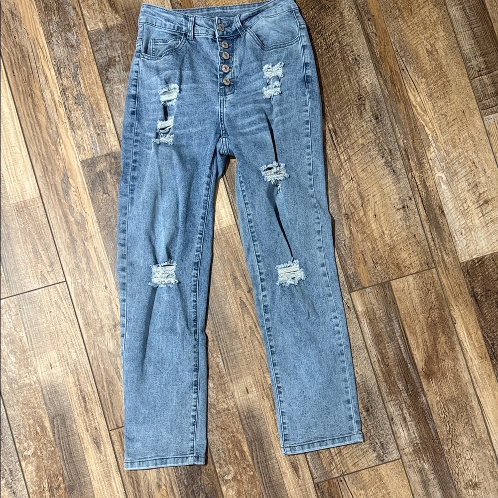 No Boundaries Womens High Rise Distressed Straight‎ Leg Button Fly Jeans Size S